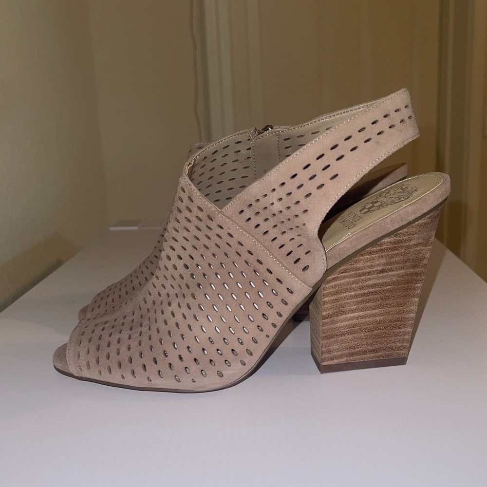 Light brown heels with zipper on the inside